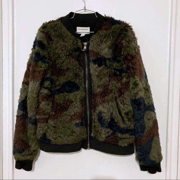 Marrakech Anthropologie Alyssa Faux Fur Green Camo Bomber Jacket Size L NWOT - Picture 3 of 12